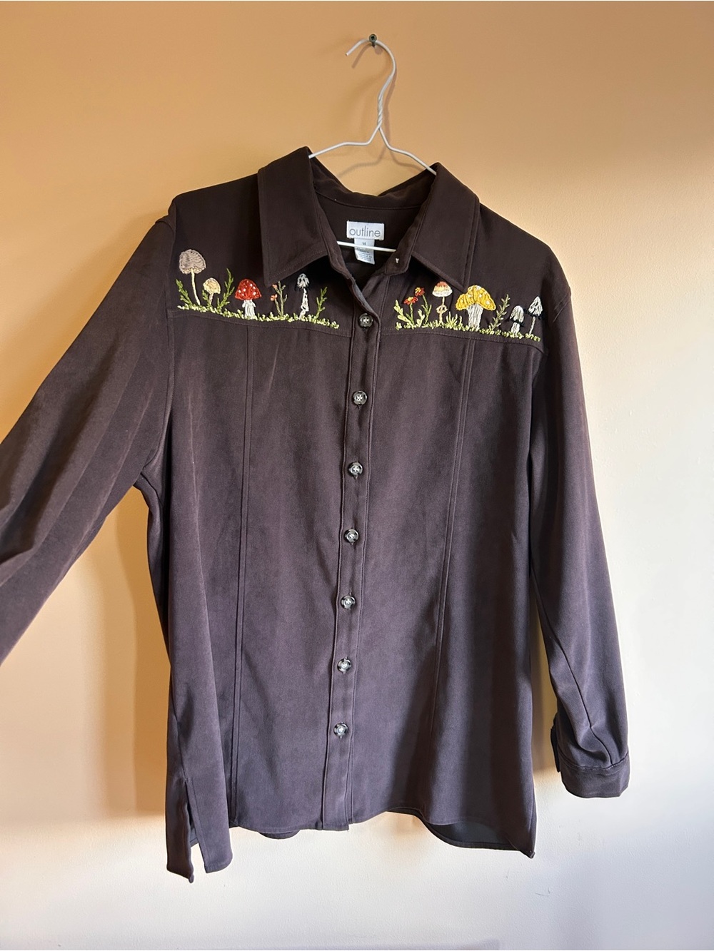 Upcycled Hand Embroidered Mushroom Faux Suede Brown Button Down Shirt - L